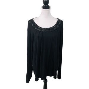Sag Harbor Flowy Knit Top Plus 3X Black Beaded Neckline Pullover Long Sleeves